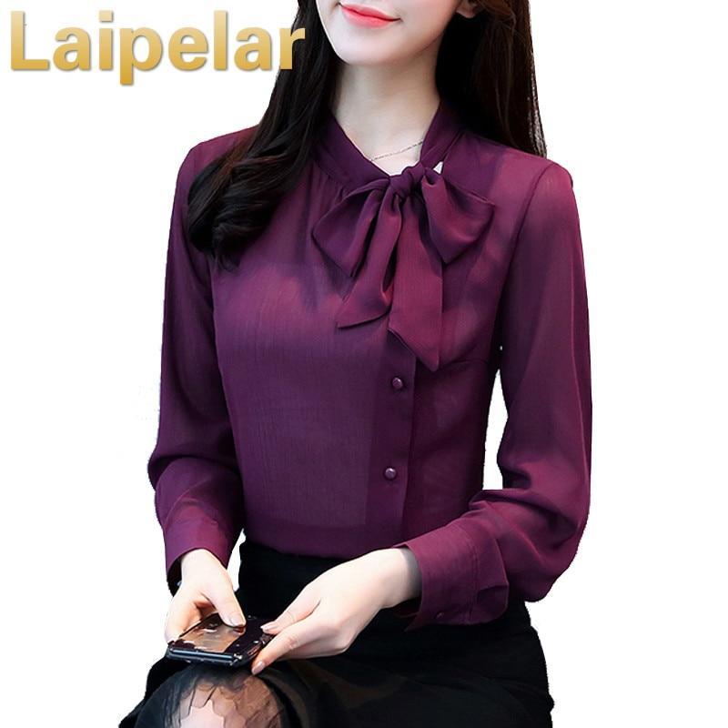 2018 new bow neck women's clothing spring long-sleeved chiffon women blouse shirt solid purple formal women tops blusas
