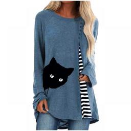 New Fashion Cat Print Blouses Stripe Patchwork Long Sleeve Tunic Tops Casual Spring Women's Shirt 5xl Plus Size Roupas Femininas