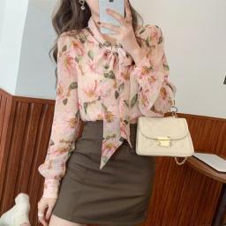 Top Femme 2021 Spring Chiffon Shirt Floral Blouse Bow Tie Ribbon Long-sleeved Shirt Vintage Clothes Women Blouse Pink Flowers