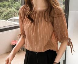 Summer New Shirt Women Temperament Slash Neck Stripe Chiffon Blouse Girl Loose Plus Size Lantern Sleeve Casual Fashion Top H9129
