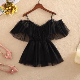 2019 Spring Summer Women Slash Neck Ruffles Shirt Sweet Tie Bow Lace Blouse Female Short Sleeve Bottoming Mesh Blouses Tops 1355
