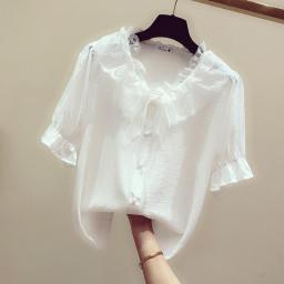 Sweet Lace Bowknot Shirt Women's Summer Short Sleeve V Collar Blouse Top Girl Pure Color New Korean Preppy Style Shirts H9155