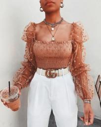Women Mesh Sheer Blouse Chiffon See-through Long Sleeve Top Shirt Blouse Fashion Organza Transparent White Shirt Female Blusas
