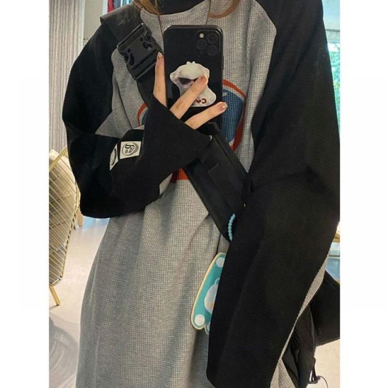 Waffle Hoodies Harajuku Sudadera Raglan Sleeve O Neck Preppy Style Oversize Fleece Women Sweatshirts Y2k Letter Print Tshirts