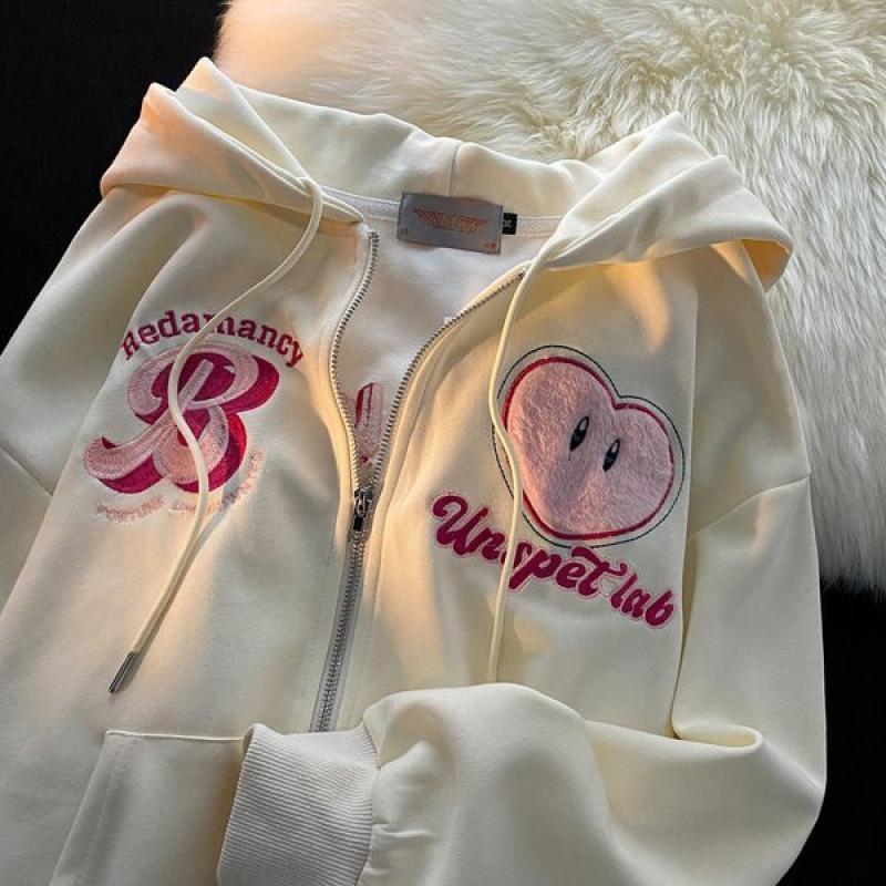 Women Letter Embroidery Hoodies Autumn Winter Retro Zipper Loose Hooded Sweatshirts Y2k Casual Long Sleeve Hoodie Streetwear