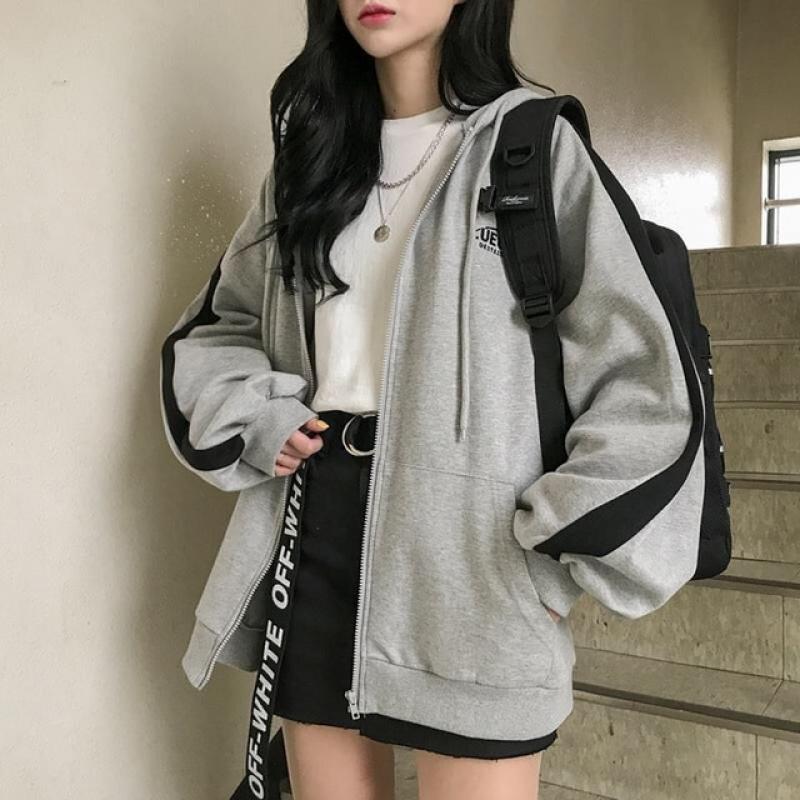 Women Solid Color Zipper Hoodies Harajuku Y2K Drawstring Long Sleeve Hooded Sweatshirts Korean Casual Pocket Jacket Streetwear