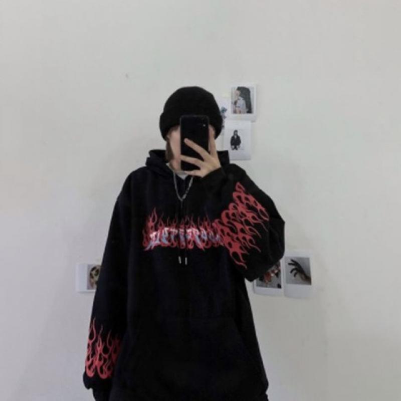 Retro Flame Print Hoodies Women Autumn Casual Oversized Long Sleeve Pullovers Tops Korean Style Harajuku Unisex Loose Sweatshirt