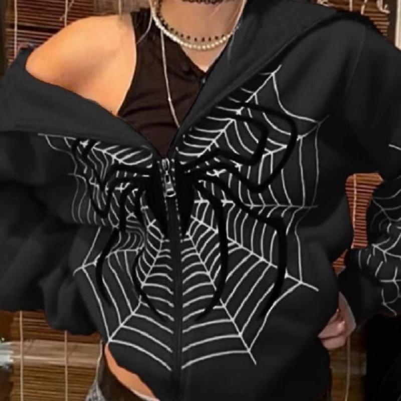 Women Spider Web Graphic Hoodies Autumn Harajuku Hip Hop Casual Loose Hooded Sweatshirt  Punk Gothic Grunge Zipper Y2K Teen Tops