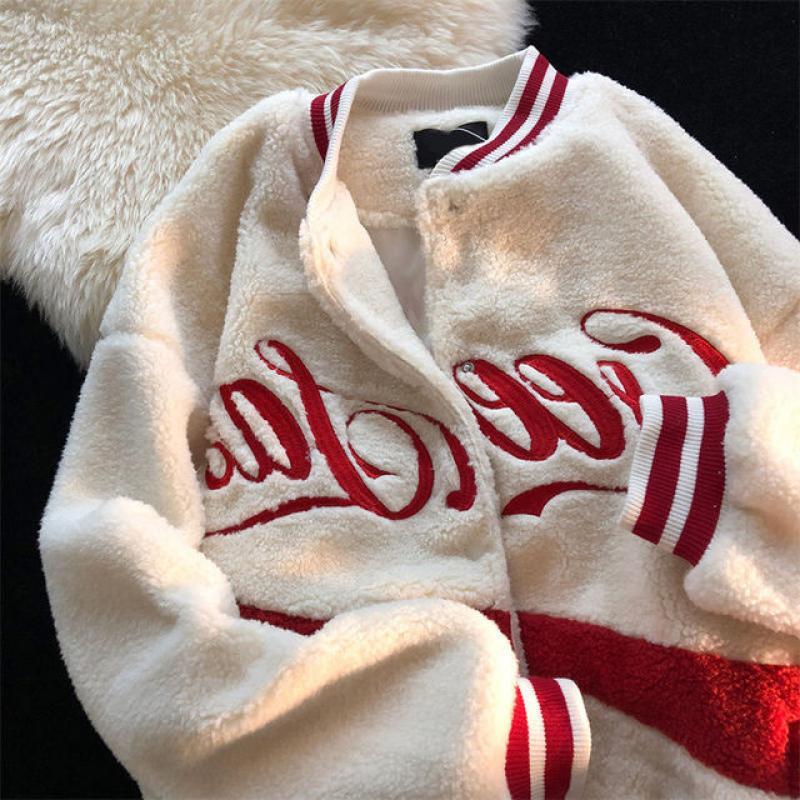 2022 new American retro embroidered lamb wool couple jacket men and women autumn and winter fried street hip-hop cotton coat Y2K