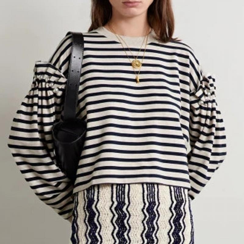 2023 Early Autumn New Women Fashion Hand-stitched Pearl Loose Bubble Long-sleeved Terry Sweater