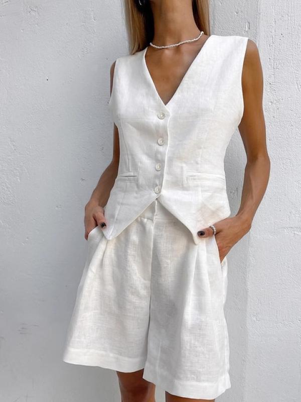 COCHONNET Solid Color Sleeveless V-Neck Two-Piece Summer Single-Breasted Slim Fit Shorts Set