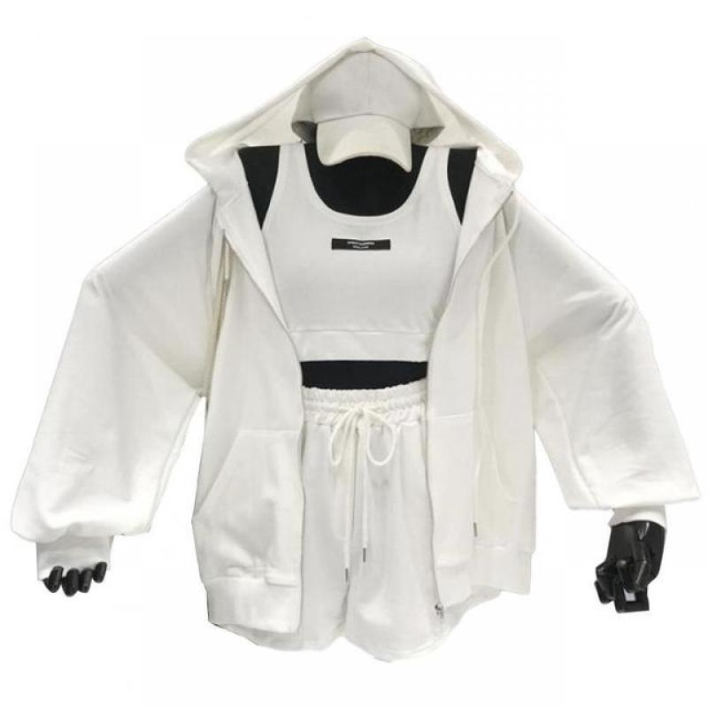 Three Pieces Short Sets Women Hoodie Summer Autumn Drawstring Thin Coat Shorts with Thin Coat Vest Set Sportswear Streetwear
