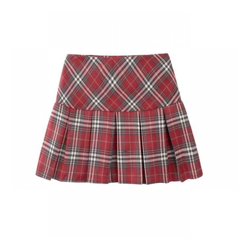HOUZHOU Preppy Plaid Pleated Skirt Red Women Summer 2023 Vintage Korean Style High Waist Patchwork A-line Mini Skirt Harajuku