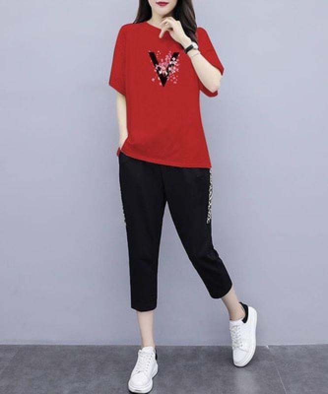 Summer Women's Black Oversize Tracksuits Casual Pantsuit Set Short Sleeve Tops Fashion Sportswear Calf-Length Pants Size 5XL