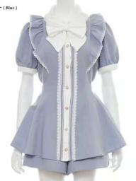 Summer New Japanese Style Lolita Two Piece Sets Ruffle Collar Bow Lace Short Sleeve Blouse Cute Sweet Women Shorts Suit