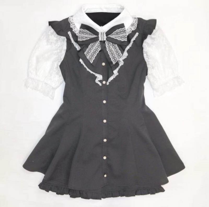 Summer Women's Outfits Bow Lace Stitching Waist Short Sleeve Short Skirt Lolita Two-Piece Suit Sweet Cute Elegant Suit for Women