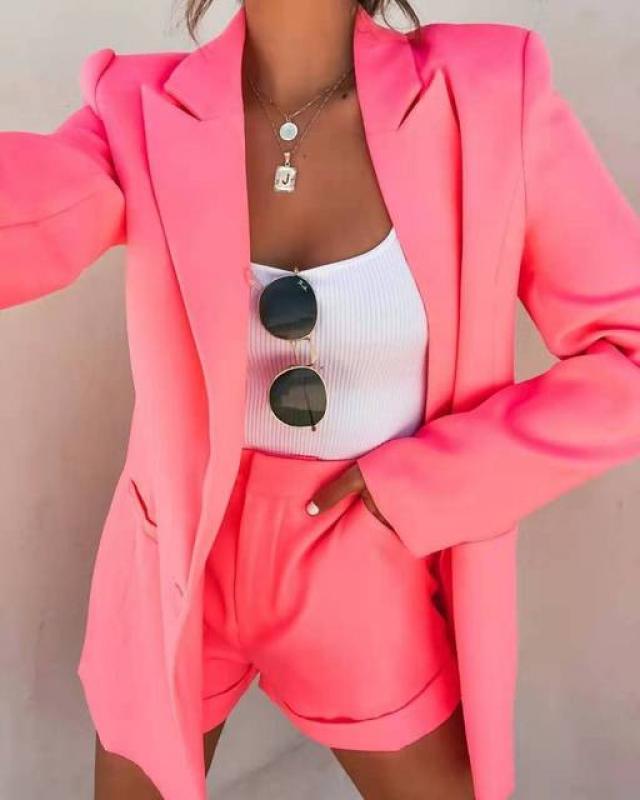 2023 Summer and Autumn Tops Shorts Suit Suit Sexy Temperament Women's Fashion Casual Lapel Cardigan Two-piece Set