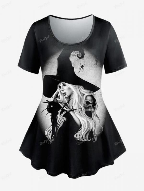 ROSEGAL Gothic Print Short Sleeves T-shirt Or Flare Pant Women's Outfits Select By Yourself Wizard Cat Eagle Graphic Top Trouser