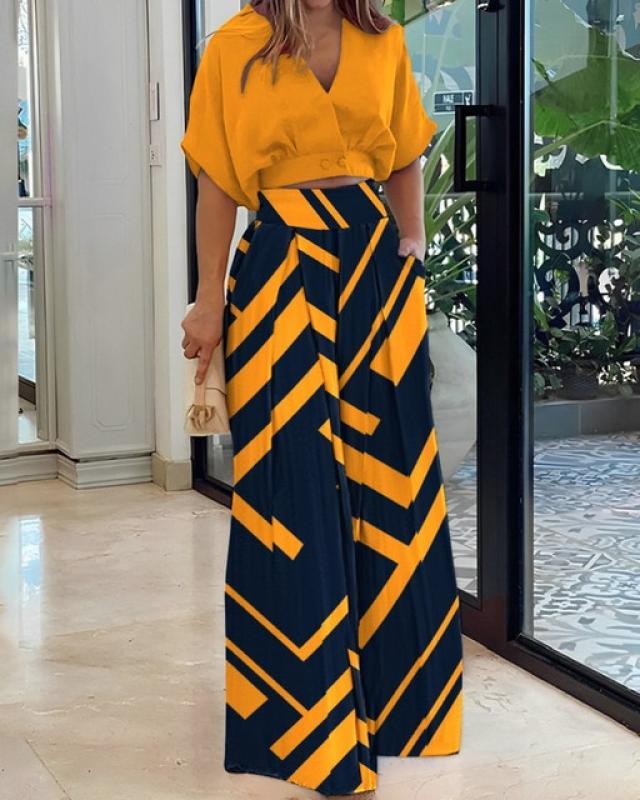 Spring Summer Fashion Printing Two Piece Set Women Casual Loose Button Top Wide Leg Pants Two Piece Set Women