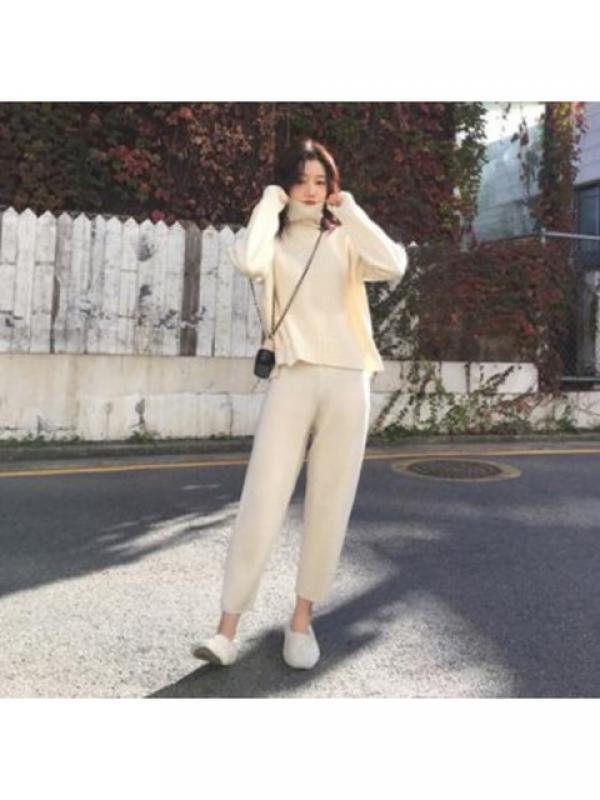2 Pieces Women Set 2023 Autumn Winter Round Neck Underlay Fashion High Neck Slim Pullover Sweater Pants Two Piece Set Streetwear