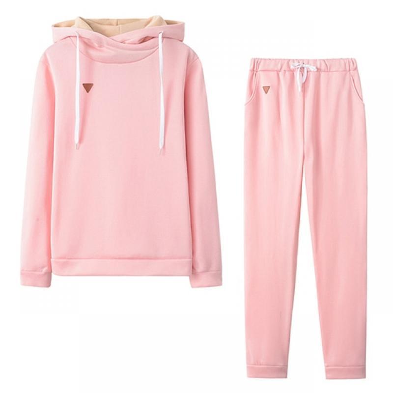 Autumn and Winter Women's Clothing Tracksuit 2 Piece Set Solid Color Warm Sportswear Long Sleeved Pullover Hooded Coat and Pants