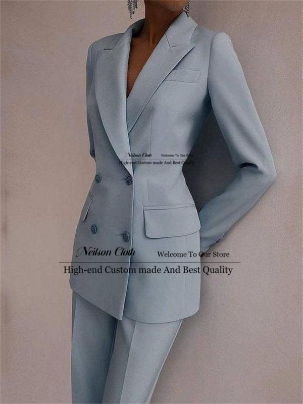 Gray Slim Fit Double Breasted Women's Trouser Suit Peaked Lapel 2 Pcs Sets High Waist Pants Blazer For Office Ladies Work Wear