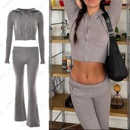 Taruxy Women Spring Outfits Casual Zipper Sweater Hoodie Set High Waist Flare Pants Suits Pink Knitted Womens Y2k Two Piece Set