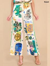 KAAAZI Women Graffiti Print Loose Pants 2 Pieces Set Outfits Satin Casual Short Sleeves T-shirt Blouse & Wide Leg Trousers Trend