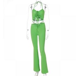 Y2K Streetwear Sexy Bandage Blue Co-ord Suits 2000s Fashion Drawstring Halter Top And High Waist Flare Pants 2 Piece Set