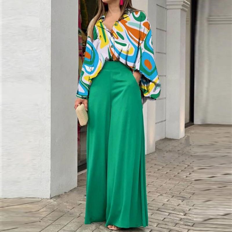 Women Print Wide Leg Pants 2 Piece Set Casual Loose Lantern Sleeve Shirts Pants Suit Chic High Waist Trouser Female Blouse Suits