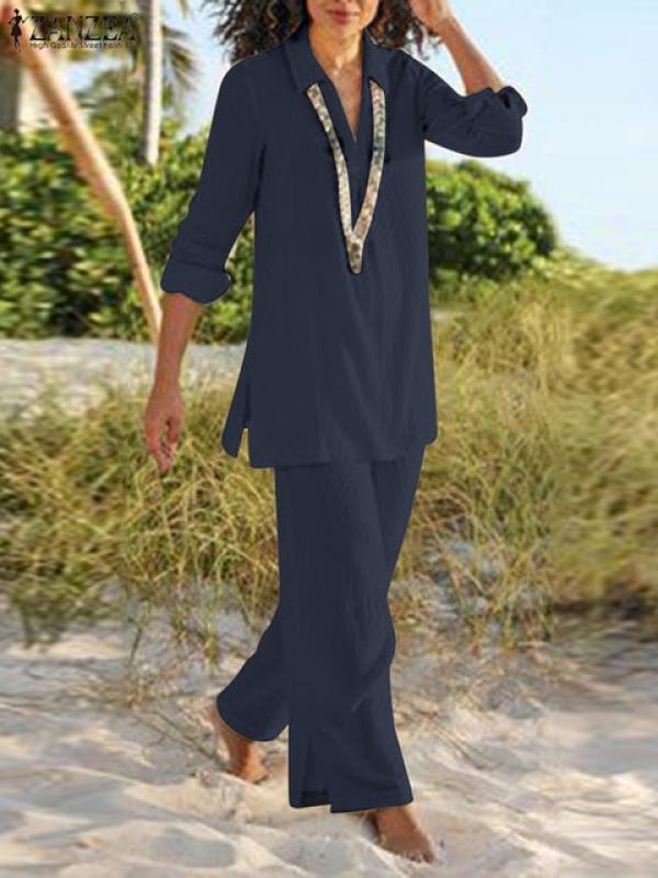 ZANZEA Fashion Women Suits Spring Two Piece Long Sleeve Shirt Causal Pantsuits 2PCS Urban Tracksuits Ladies Office Woman Outfits
