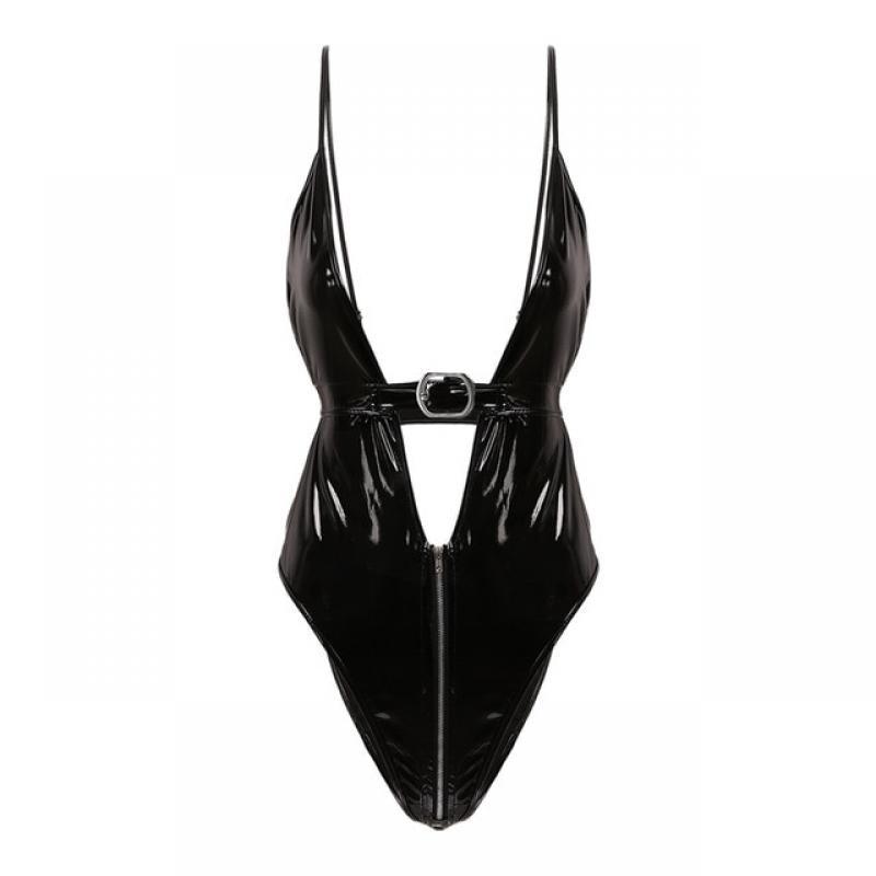Womens Wet Look PVC Leather Bodysuits Adjustable Straps Deep V Front Backless High Cut Thong Leotard Bodysuit Costumes Clubwear