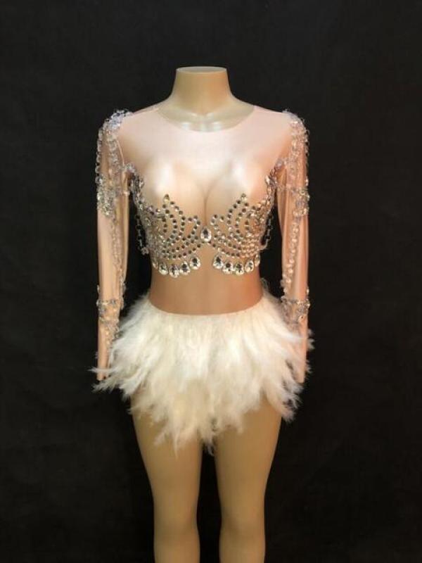 Women Sexy Stage Bodysuit Short White Feather Nightclub Birthday Party Jumpsuit Glass Silver Big Sparkling Crystals Bodysuit