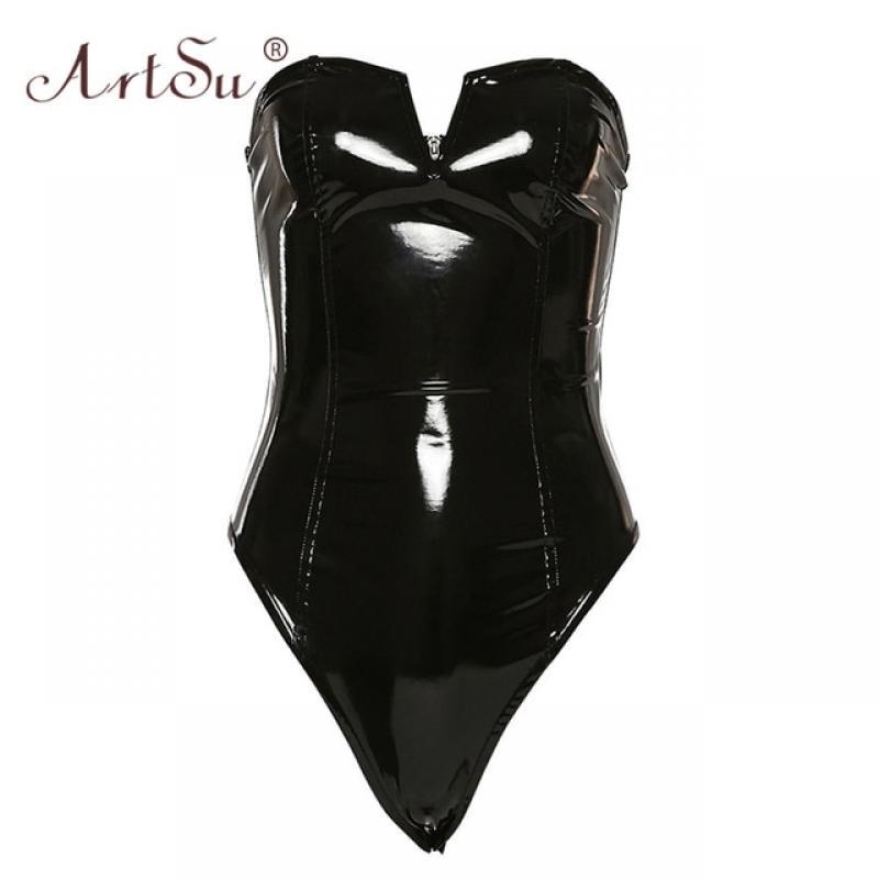 ArtSu Strapless PU Leather Women Bodysuit Sexy Skinny Party Club Body Mujer Backless Black V-Neck Female Bodysuits 2019 Winter