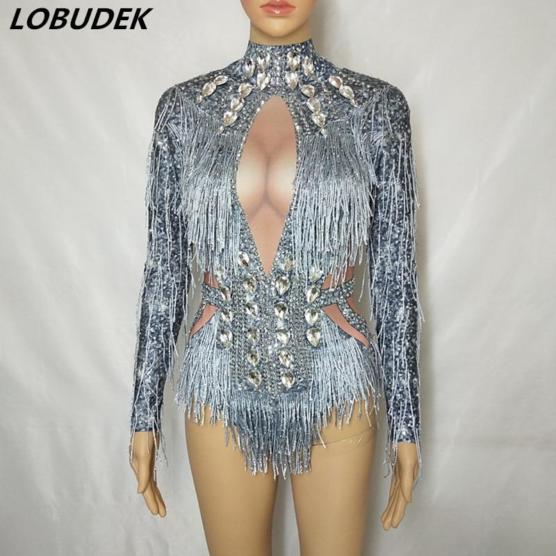 Silver Rhinestones Fringed Long Sleeve Bodysuit Female Crystals Tassels Elastic Catsuit Nightclub Female DJ Singer Stage Costume