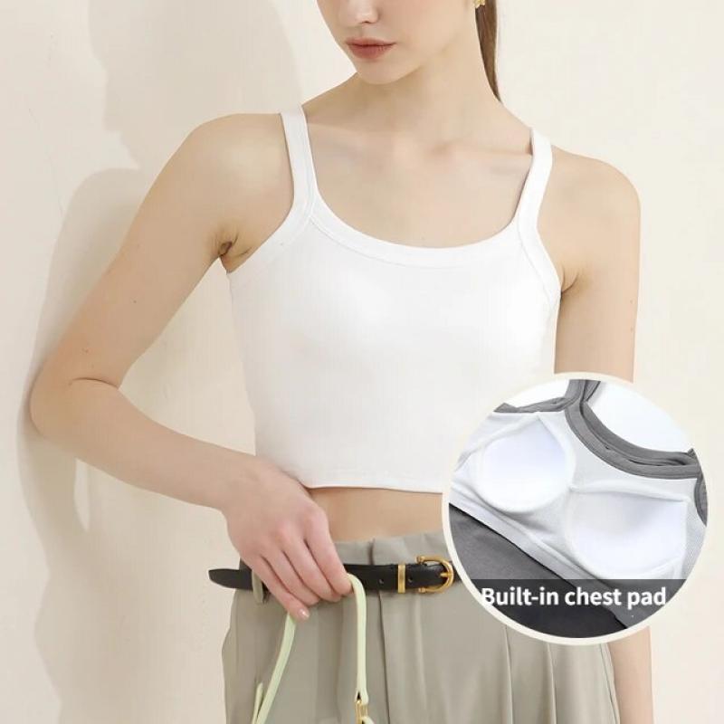 Summer Suspender Vest for Women Built In Chest Pad Short Slim Bottoming Round Neck Bandeau Top