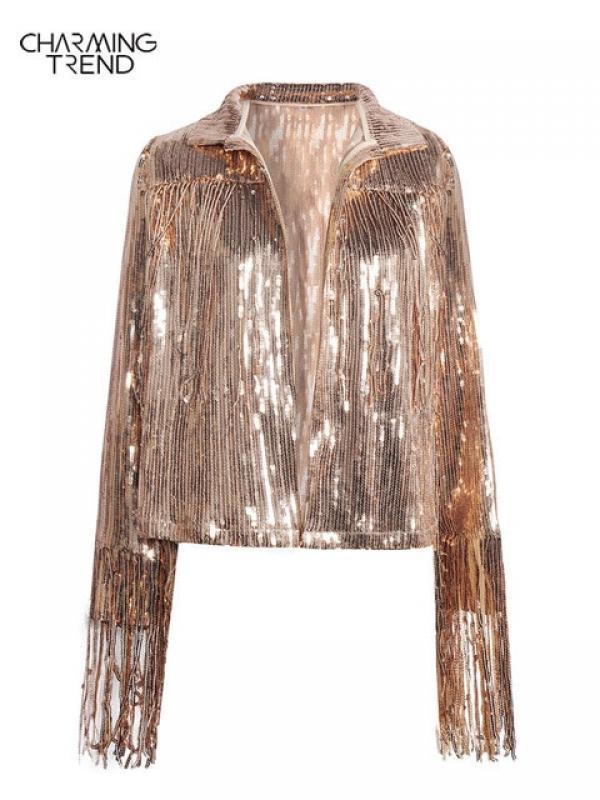 Women Tassel Sequin Jacket 2023 Summer Autumn Streewear Rock BF Retro Long-sleeved Silver Reflective Jacket Women Outwear Tops