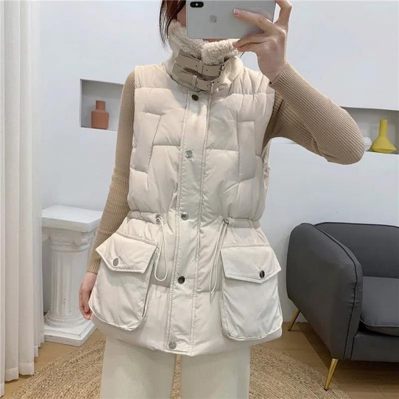 Design Patchwork Wool Warm Sleeveless Jacket Lapel Oversize Padded Cotton Waistcoat Elegant Lace Up Autumn Winter Vests Women
