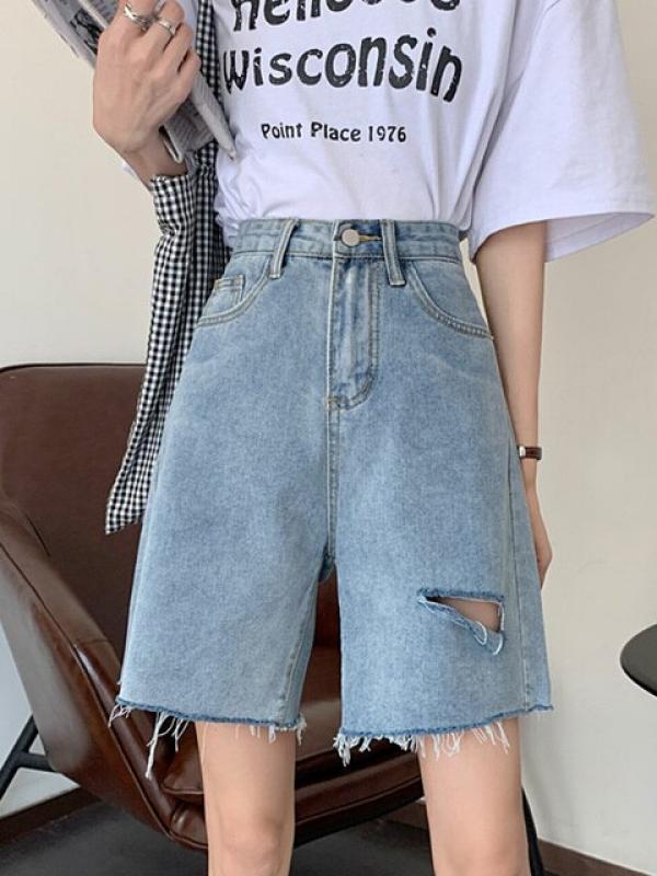 Ailegogo New Spring Summer Women Frayed Hole Retro Blue Denim Shorts Streetwear Female Wide Leg Raw Hem Jeans Shorts Bottoms