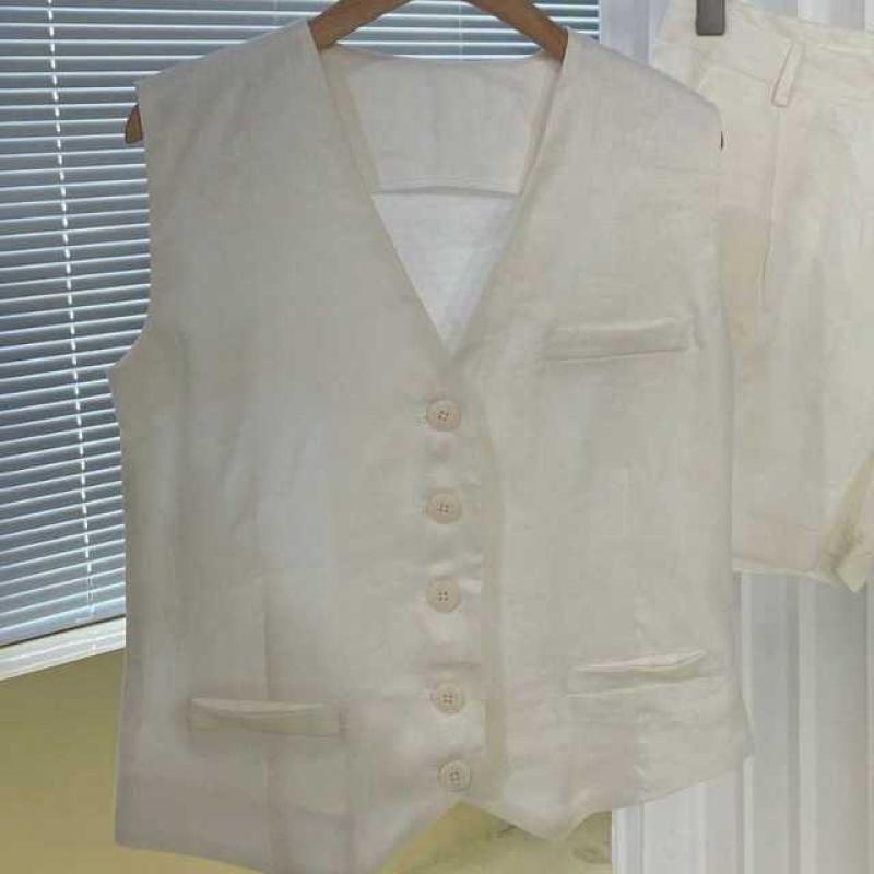 2023 Summer Women 100% Linen Single-breasted White Vest / Shorts of The Same Style