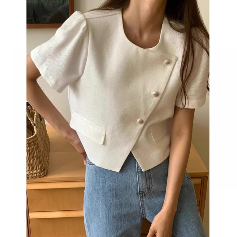 GkyocQ Elegant Short Coat Irregular Fashion Gothic Tops Buttons Korean Style Solid Loose O Neck Jackets Vintage New 2023 Jacket