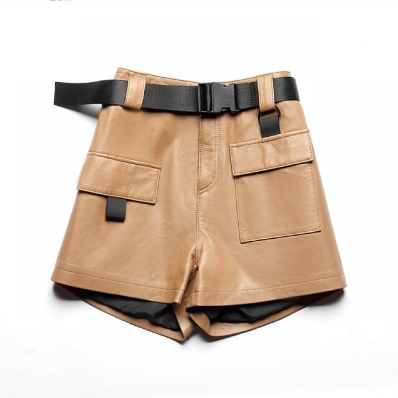 Women Chic Fashion With Belt Top Quality Real Leather Shorts Vitnage Mid Waist Zipper Fly Pockets Female Short Pants Mujer