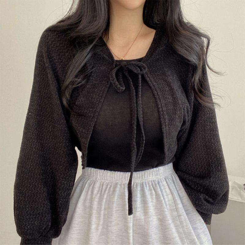 Thin White Cardigan Women Summer Sunscreen Lace-up Knitwear Top Female Korean Style Lantern Sleeve Short Coat Casual Elegant Top