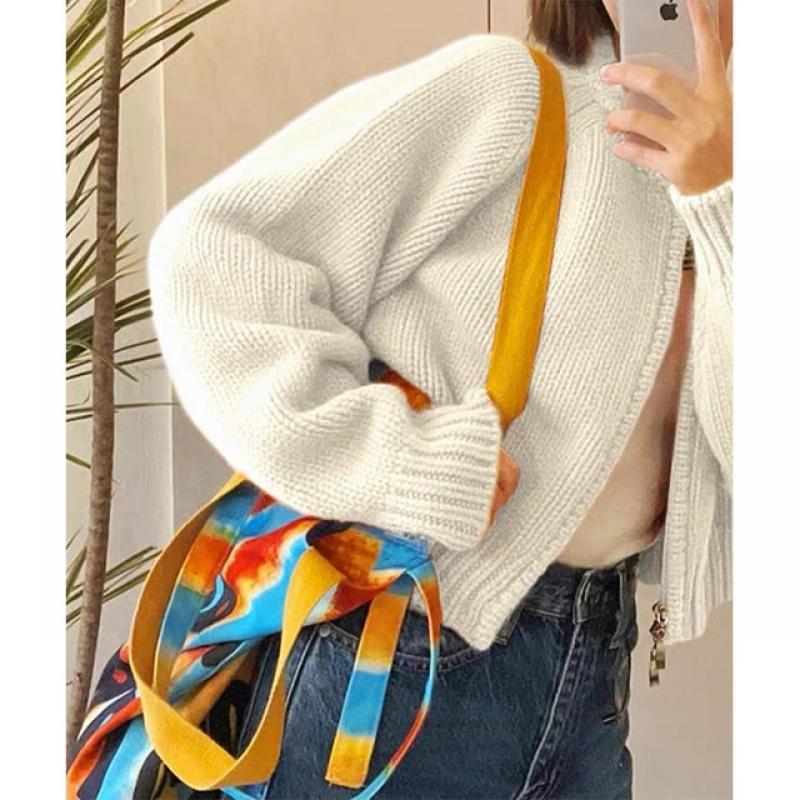 MEXZT Solid Knitted Cardigan Women Sweet Zipper Cropped Sweaters Korean Vintage Casual Knitwear Coat Loose Short Jumpers Jackets