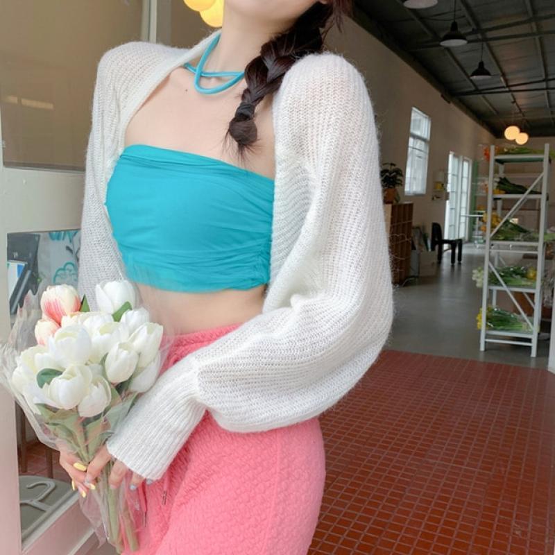 Women's Open Front Bolero Shrug Long Sleeve Solid Color Sun Protection Knit Cropped Cardigan