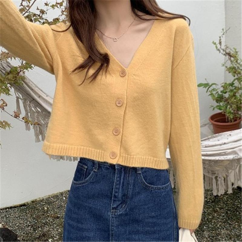 Spring Korean Style Popular Fashion Hot Sale Female Warm Long Sleeve Cardigan Women Basic Design V-neck Button Solid All-match