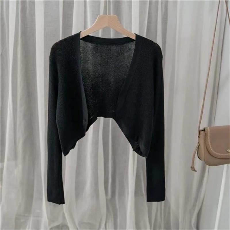 Sunscreen Cardigan Thin Women Knitted Jacket Perspective Long Sleeve Top Overlay Simple Casual Basic Korean Fashion Summer