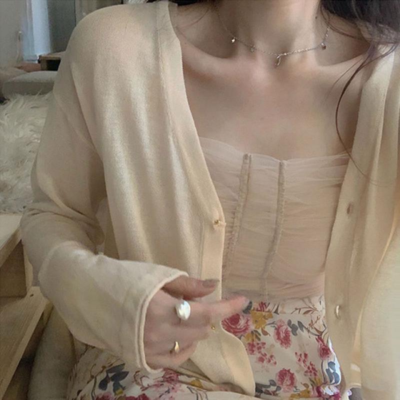 new fashion girl summer knitted jacket loose short crop cardigan women clothing tops full sleeve v-neck blouse