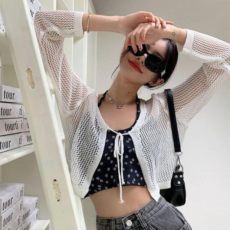 Cardigans Women Sun-proof Thin Cropped Summer Casual Loose Beach Style Fashion Hollow Out Pure O-neck Ulzzang Holiday Clothing