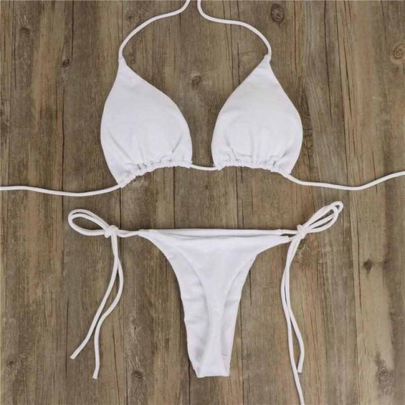 Women's Ultra Thin Elastic Thong Bikini Set Side Tie Sexy Solid Color Swimsuit Bandage Style Brazilian Swimwear